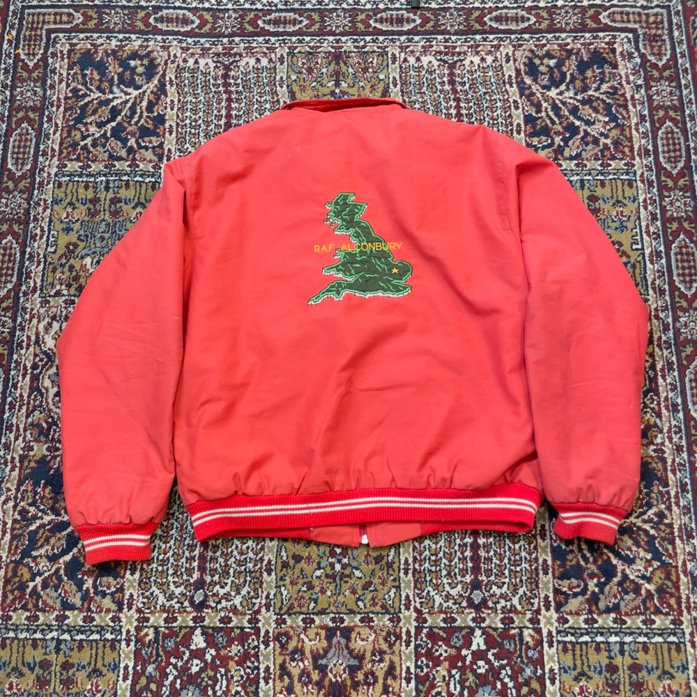 VTG 80s Wayfarer RAF Base Alconbury England Souvenir Bomber Jacket Red L 17th RW